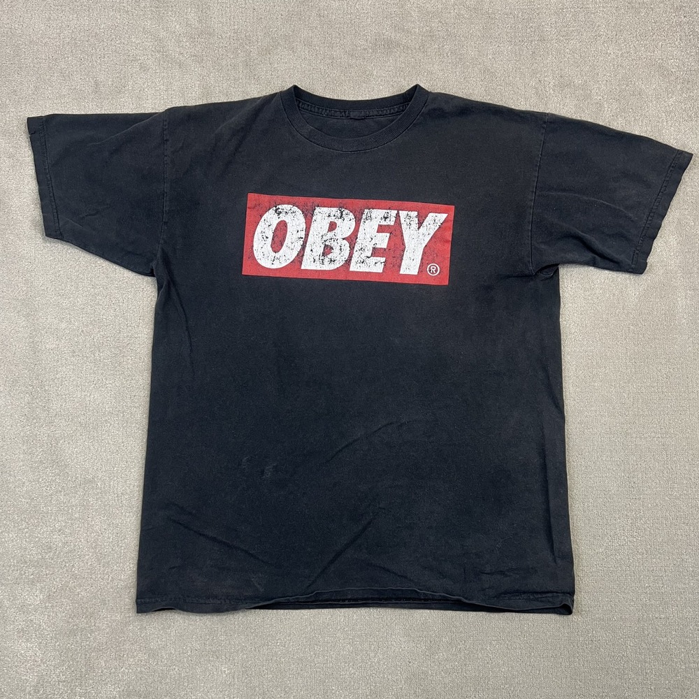 Obey T Shirt Mens Large Black Box Logo Graphic Skater Streetwear Distressed Tee